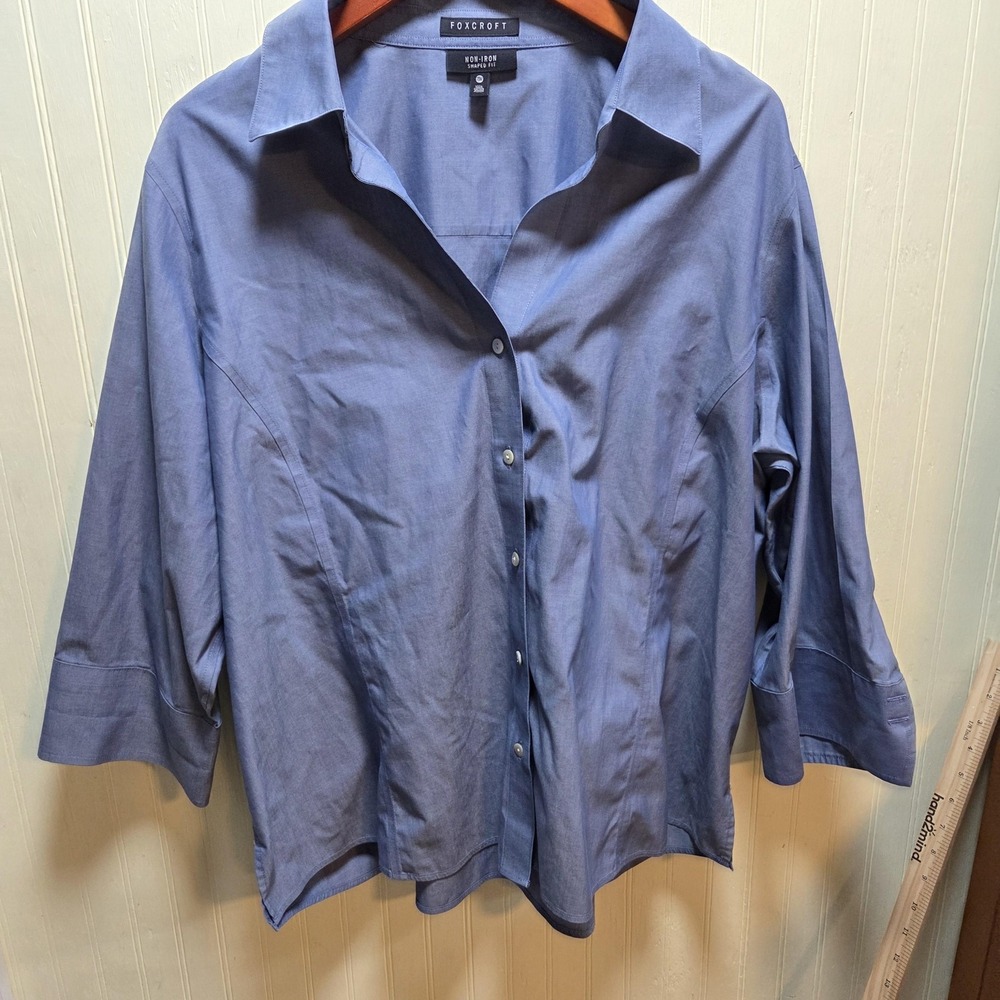 Foxcroft Shirt Womens 20W Plus Blue Collared 3/4 Sleeve Non Iron Cotton Top